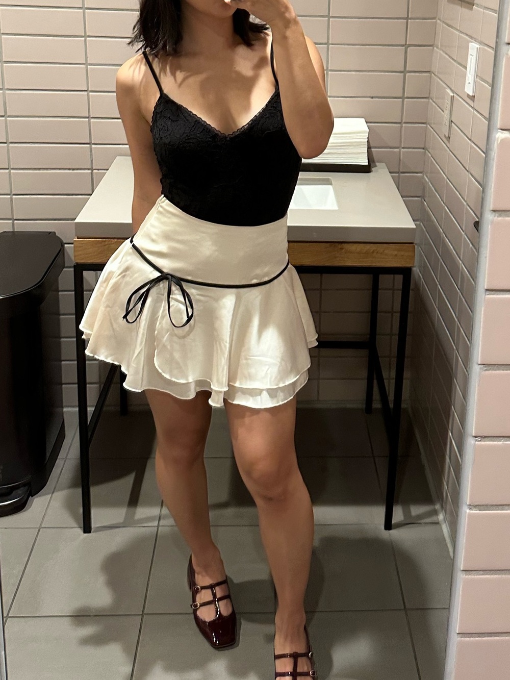 Cream Ruffle Satin Mini Skirt